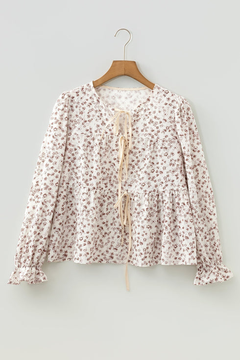 Floral Tie Front Short Flounce Sleeve Peplum Blouse