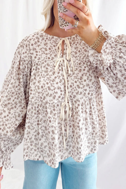 Floral Tie Front Short Flounce Sleeve Peplum Blouse
