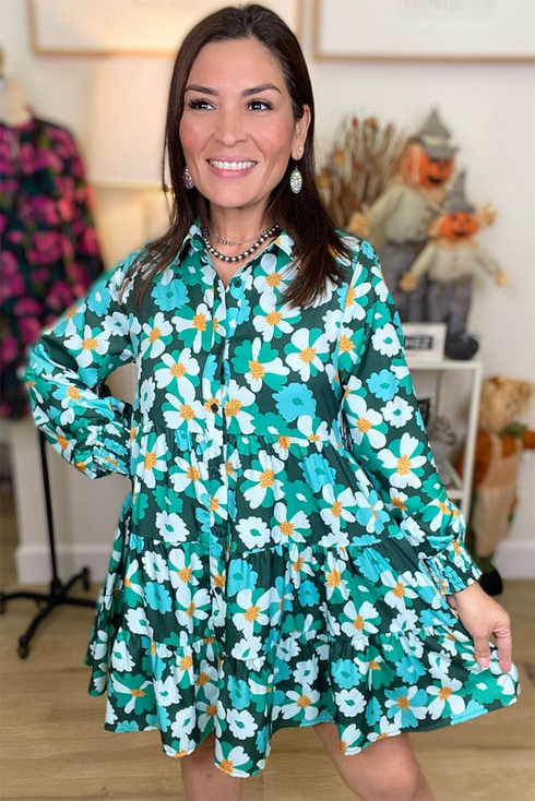 Floral Tiered Button Front Mini Shirt Dress