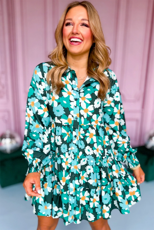 Floral Tiered Button Front Mini Shirt Dress