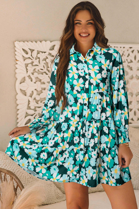Floral Tiered Button Front Mini Shirt Dress