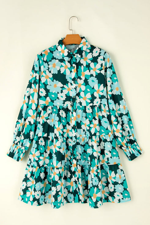 Floral Tiered Button Front Mini Shirt Dress