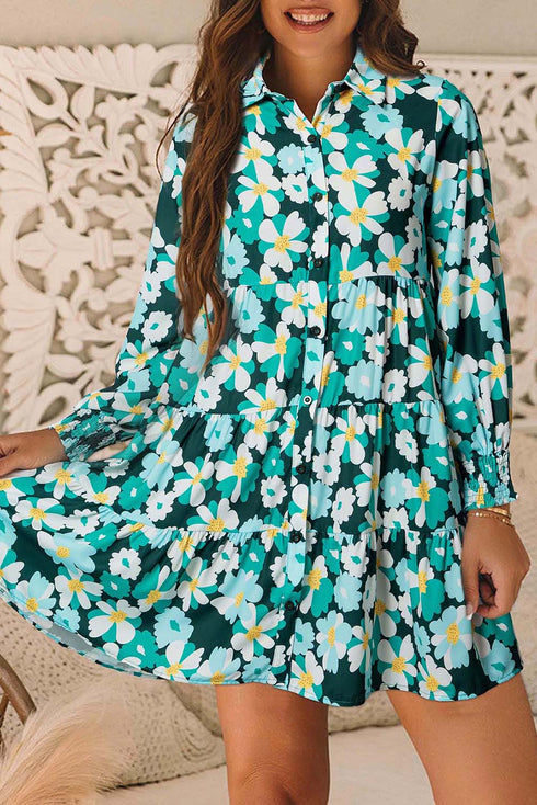 Floral Tiered Button Front Mini Shirt Dress