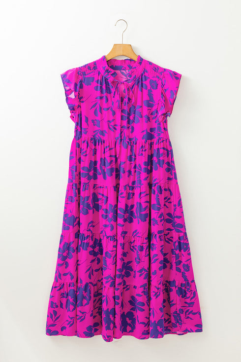 Floral Tiered Frilled Trim Flutter Sleeve Maxi Dress