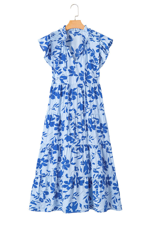 Floral Tiered Frilled Trim Flutter Sleeve Maxi Dress