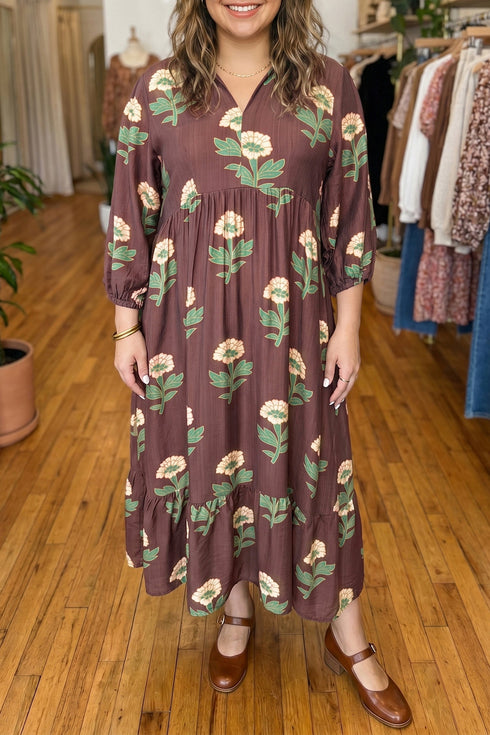 Floral V Neck Long Sleeve Loose Shift Maxi Dress