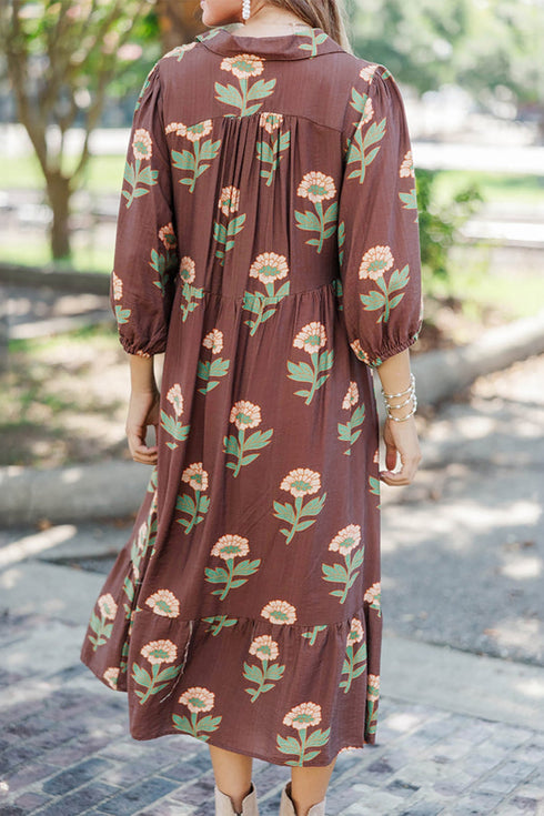 Floral V Neck Long Sleeve Loose Shift Maxi Dress