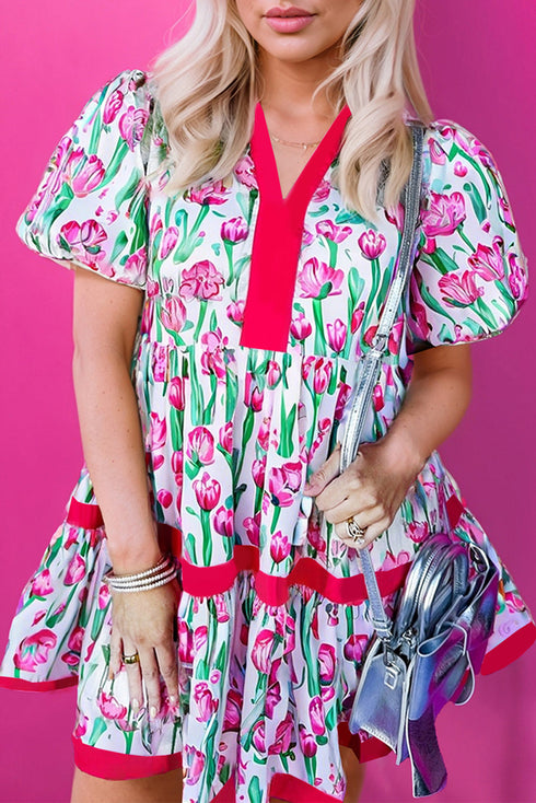 Floral V Neck Puff Sleeve Babydoll Dress
