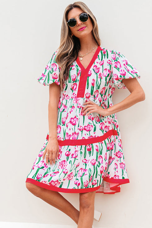 Floral V Neck Puff Sleeve Babydoll Dress