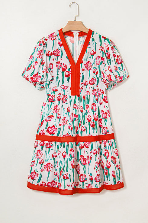 Floral V Neck Puff Sleeve Babydoll Dress