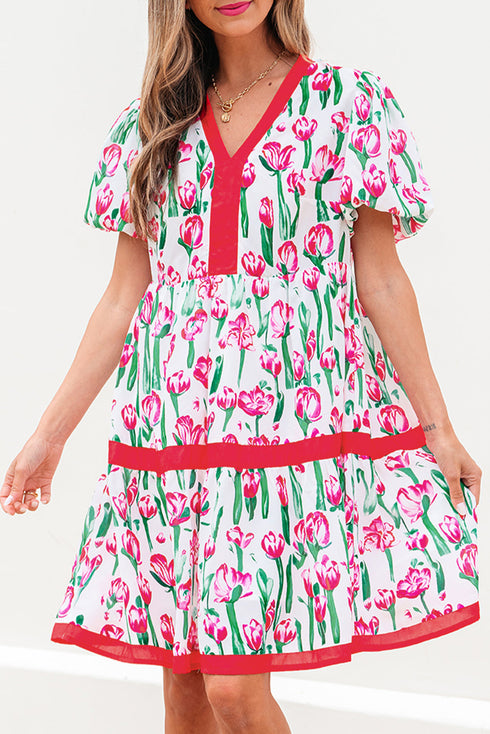 Floral V Neck Puff Sleeve Babydoll Dress
