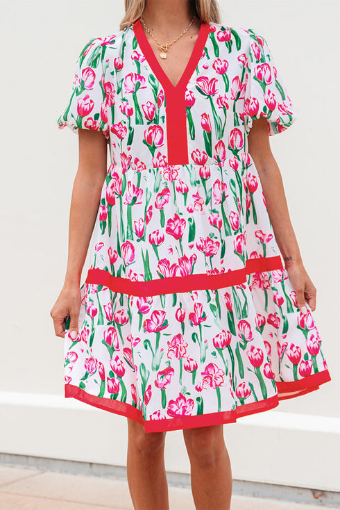 Floral V Neck Puff Sleeve Babydoll Dress