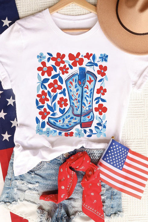 Floral Western Boots Graphic Print Short Sleeve Tee