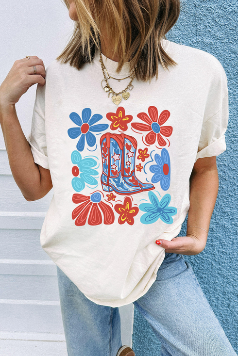 Floral Western Boots Print Short Sleeve Graphic Tee