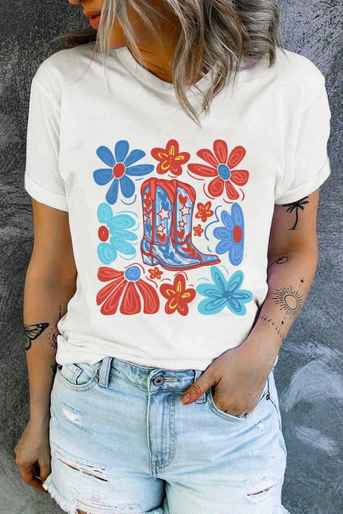 Floral Western Boots Print Short Sleeve Graphic Tee