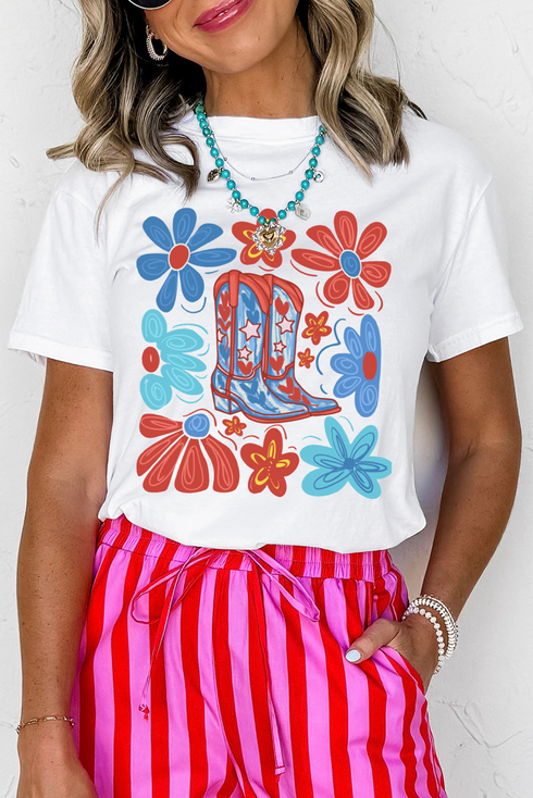 Floral Western Boots Print Short Sleeve Graphic Tee