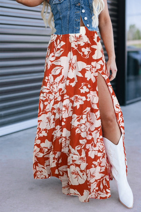 Floral Western Cowgirl High Split Maxi Skirt