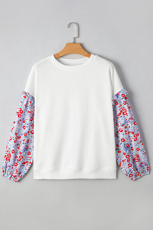 Floral Woven Balloon Sleeve Mixed Media Knit Pullover