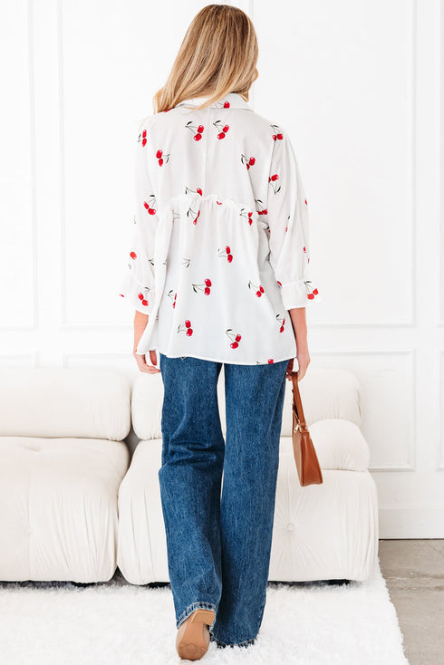Flounce Sleeve Collared Fruit Print Babydoll Blouse
