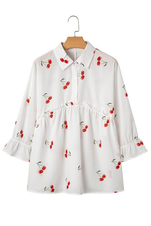 Flounce Sleeve Collared Fruit Print Babydoll Blouse