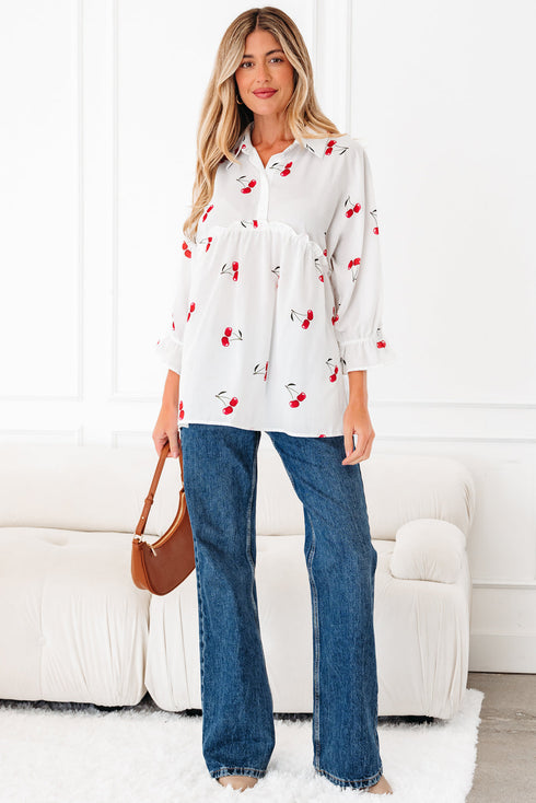 Flounce Sleeve Collared Fruit Print Babydoll Blouse