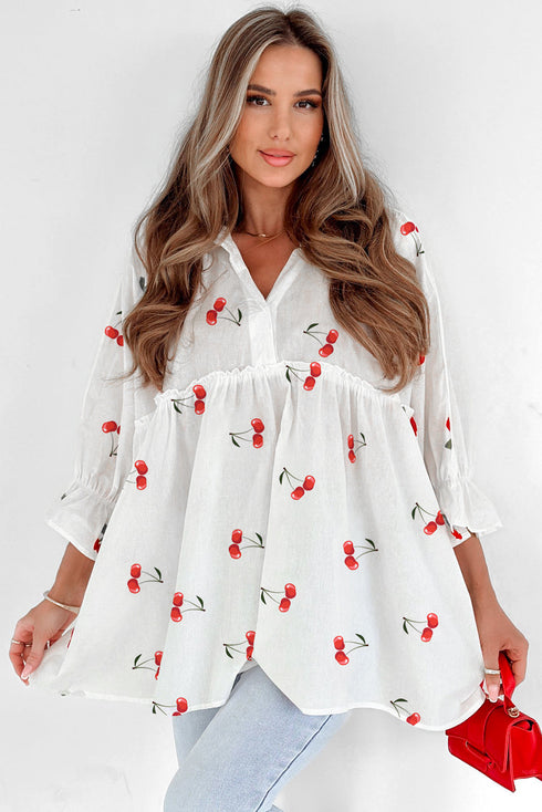Flounce Sleeve Collared Fruit Print Babydoll Blouse