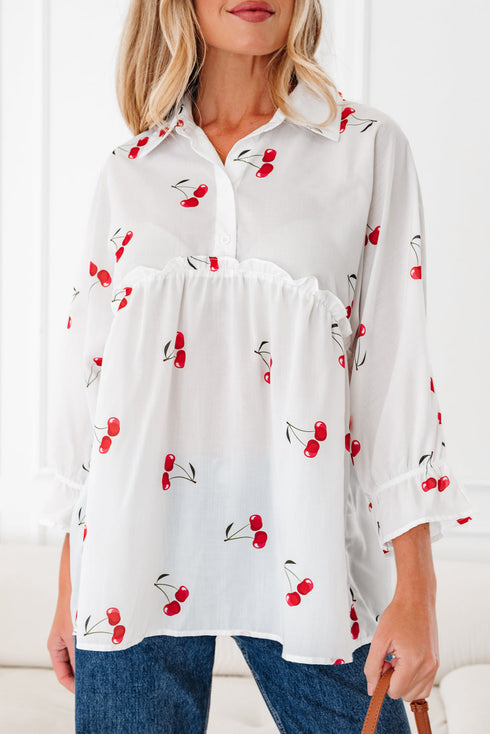Flounce Sleeve Collared Fruit Print Babydoll Blouse