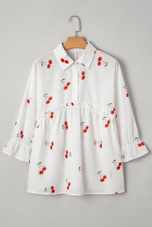 Flounce Sleeve Collared Fruit Print Babydoll Blouse