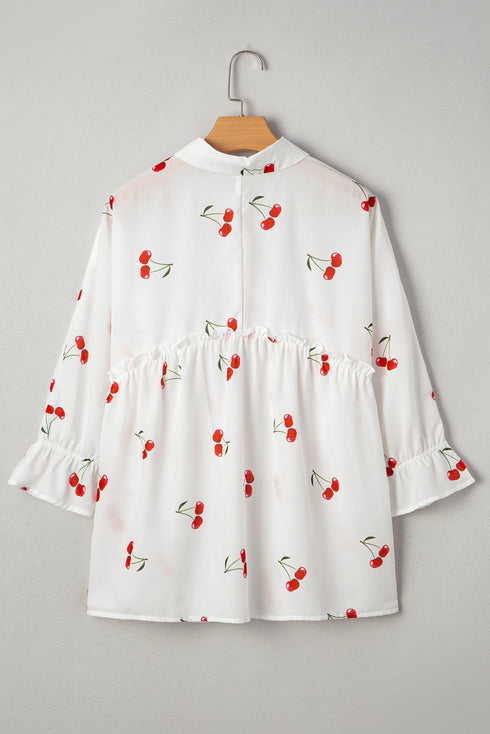 Flounce Sleeve Collared Fruit Print Babydoll Blouse