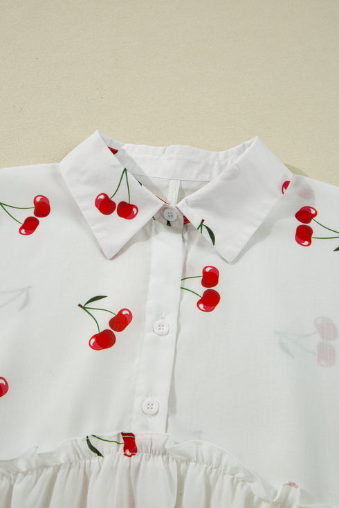 Flounce Sleeve Collared Fruit Print Babydoll Blouse