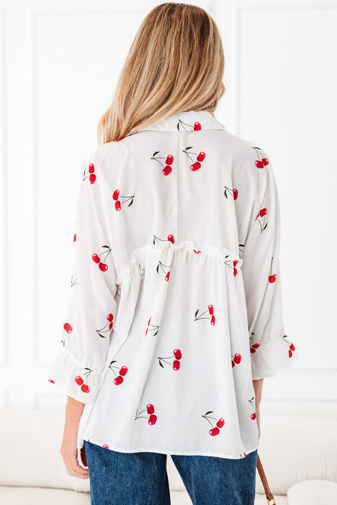 Flounce Sleeve Collared Fruit Print Babydoll Blouse