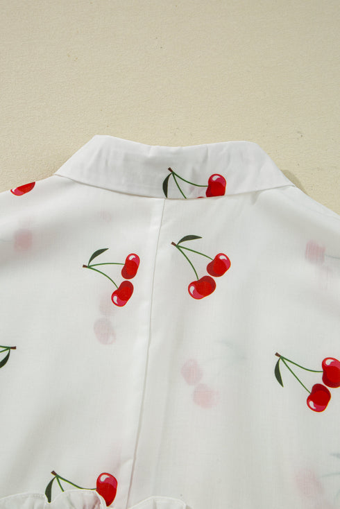 Flounce Sleeve Collared Fruit Print Babydoll Blouse