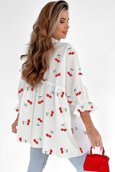 Flounce Sleeve Collared Fruit Print Babydoll Blouse