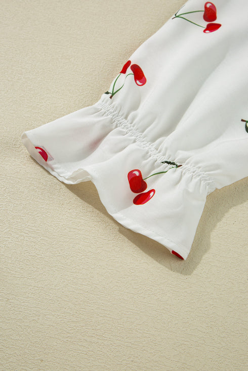 Flounce Sleeve Collared Fruit Print Babydoll Blouse