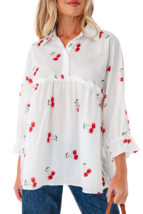 Flounce Sleeve Collared Fruit Print Babydoll Blouse