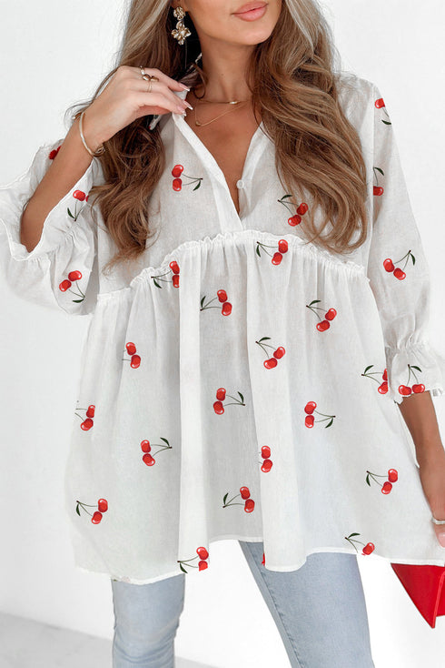 Flounce Sleeve Collared Fruit Print Babydoll Blouse