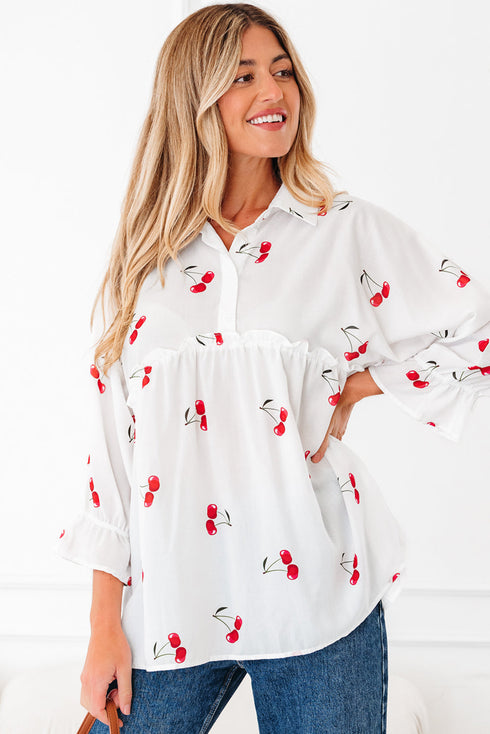 Flounce Sleeve Collared Fruit Print Babydoll Blouse