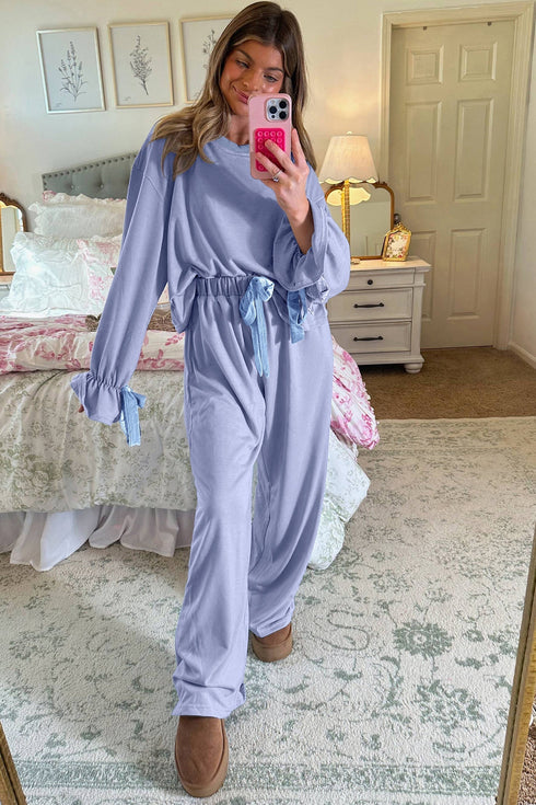 Flounce Sleeve Ribbed Knit Velvet Bow Lounge Set