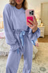 Flounce Sleeve Ribbed Knit Velvet Bow Lounge Set