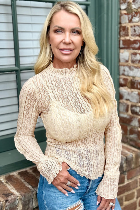 Flounced Mock Neck Sheer Lace Long Sleeve Top