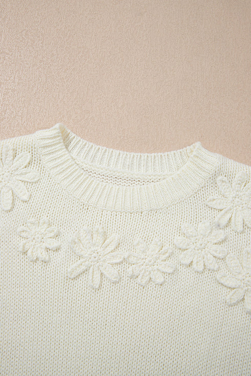 Flower Applique Contrast Textured Puff Sleeve Round Neck Sweater