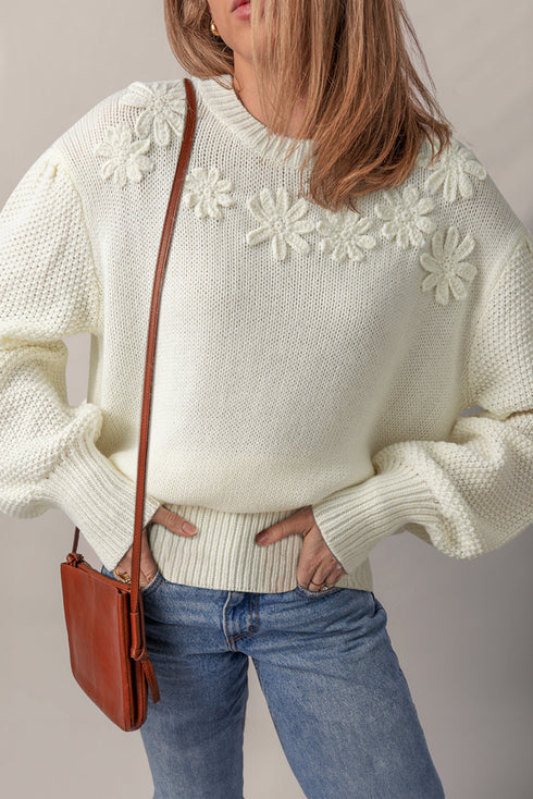 Flower Applique Contrast Textured Puff Sleeve Round Neck Sweater