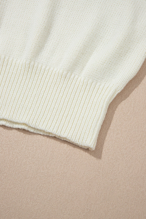 Flower Applique Contrast Textured Puff Sleeve Round Neck Sweater