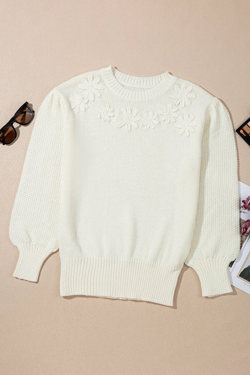 Flower Applique Contrast Textured Puff Sleeve Round Neck Sweater