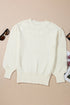 Flower Applique Contrast Textured Puff Sleeve Round Neck Sweater