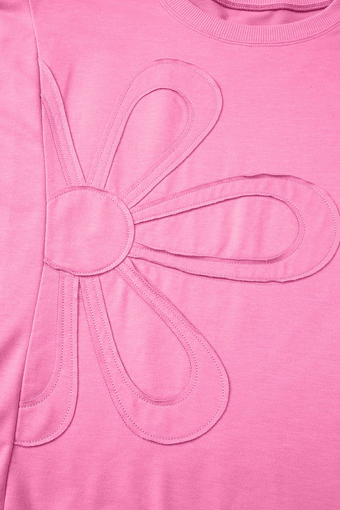 Flower Appliqué Raw Edge Half Sleeve Oversized Tunic Sweatshirt