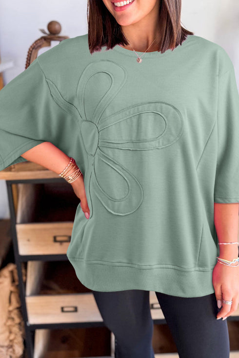 Flower Appliqué Raw Edge Half Sleeve Oversized Tunic Sweatshirt