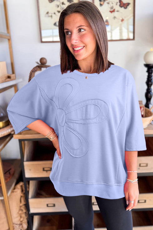 Flower Appliqué Raw Edge Half Sleeve Oversized Tunic Sweatshirt