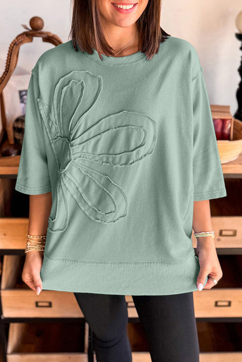 Flower Appliqué Raw Edge Half Sleeve Oversized Tunic Sweatshirt