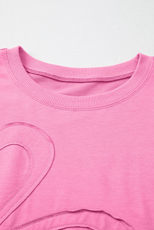 Flower Appliqué Raw Edge Half Sleeve Oversized Tunic Sweatshirt